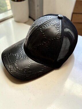 GUCCI GG Embossed Black Leather Mesh Trucker Baseball Cap Hat Italy + Dust Bag